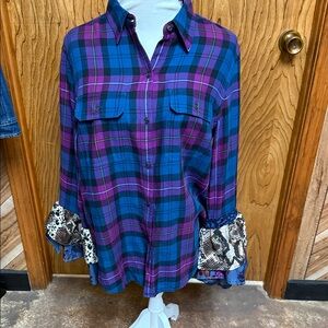 Blue and Purple Plaid Shirt with Ruffle Cuffs